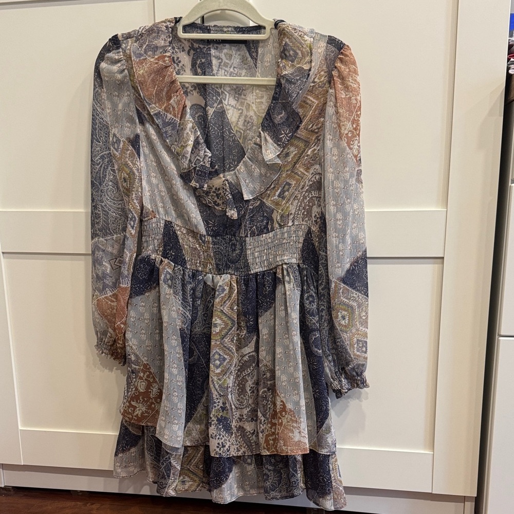 Zara Long Sleeve Patchwork Dress - Blue, Brown, Cream, Metallic